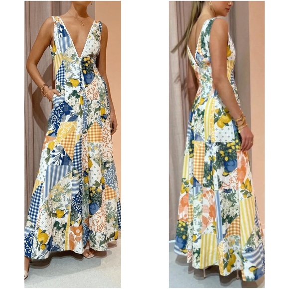Boho Floral Print Striped Patchwork Zipper Plunging Neck Wide leg Jumpsuit - Picture 1 of 3